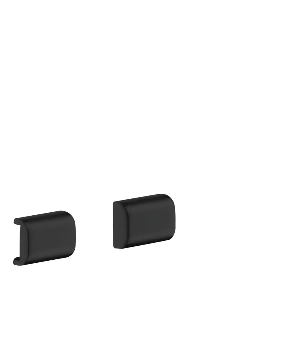 Zwei schwarze Abdeckungen von AXOR, eine mit offener Seite und eine flache, zur Verwendung an einer Reling. Minimalistisches Design, geeignet für verschiedene Anwendungen.